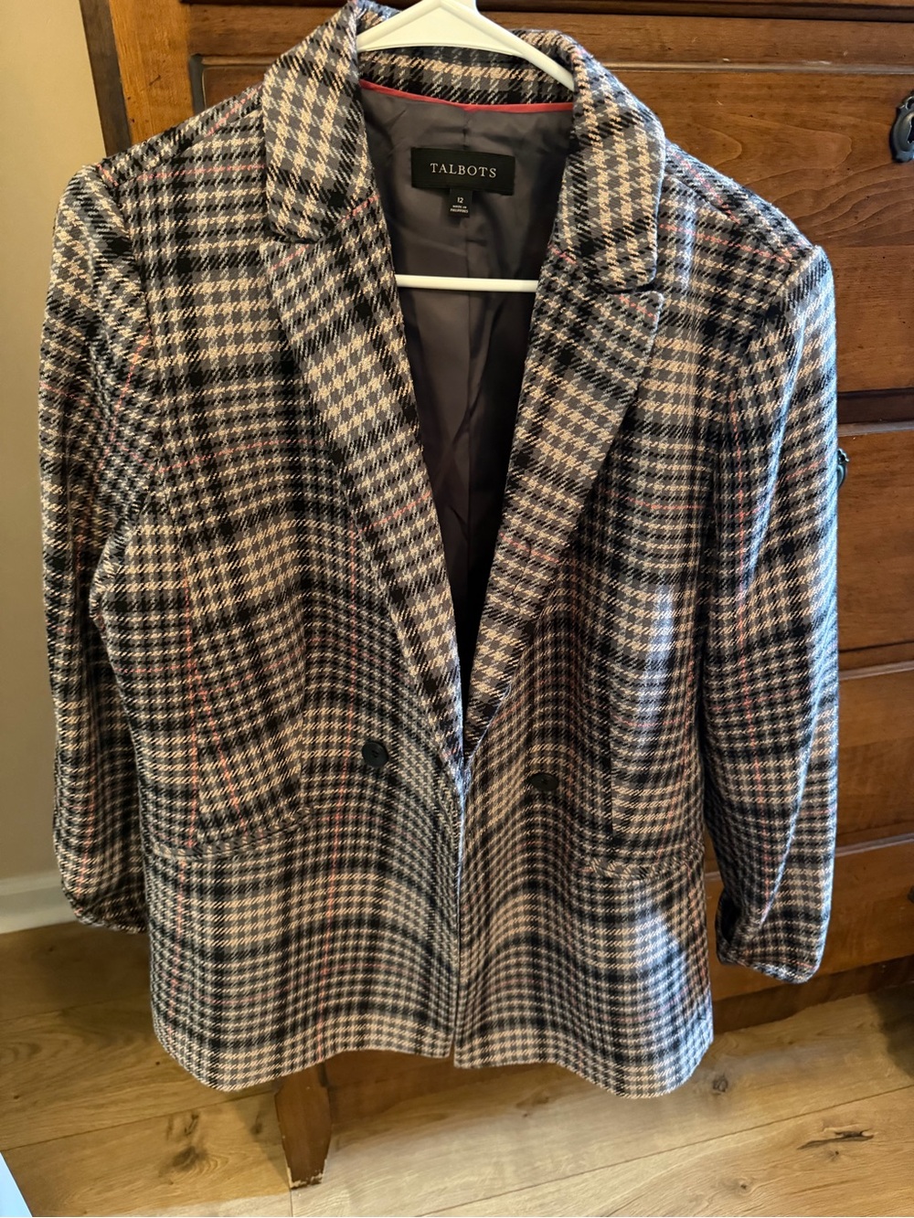 Talbots Black, Cream & Pink Plaid Double-Breasted Blazer